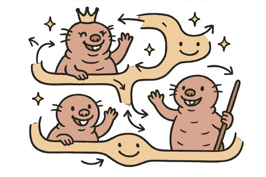 Playful Mole-Rat Dynamics. Playful doodle reproductive roles illustration with cheerful queen, cartoon worker and soldier