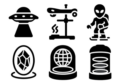 Futuristic Sci-Fi Gadgets. Solid style icons of science fiction meets experiment: UFO concept emitter, hoverboard on lab stand,