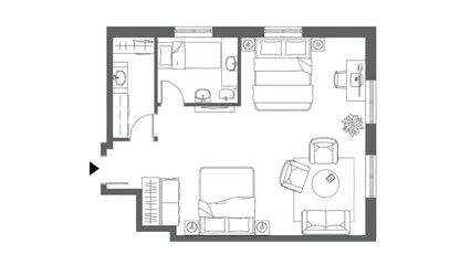 Floor plan of a multi-room apartment with two bedrooms and living area
