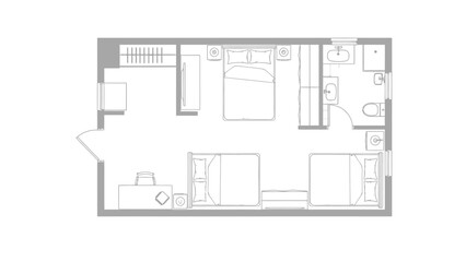Floor plan of a multi-room dwelling with furniture layout