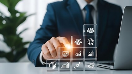 Business professional interacting with a digital interface displaying data and analytics concepts