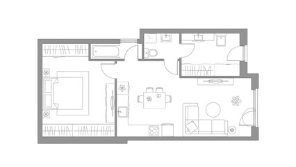 Floor plan of a one bedroom apartment with living and dining areas