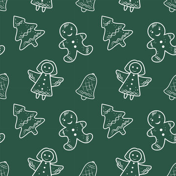 Green gingerbread cookies seamless pattern, holiday motif. Christmas cookie repeat pattern, festive background. Gingerbread pattern, baking and holiday design