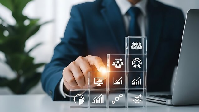 Business professional interacting with a digital interface displaying data and analytics concepts - Powered by Adobe