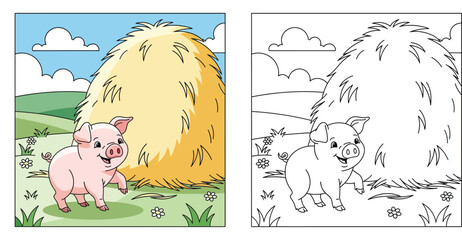 Cute cartoon pig standing near a large yellow haystack, happy pink piglet character in a green farm field with flowers and blue sky vector illustration