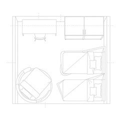 Floor plan of a room with two beds and a desk layout