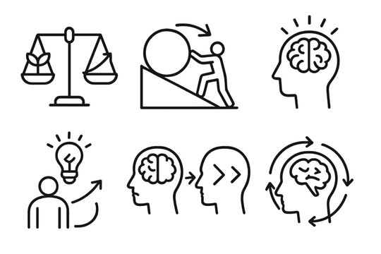 Mindset Growth Icons. Line style icons of mindset and brain adaptability: growth mindset scale, challenge as opportunity, mental