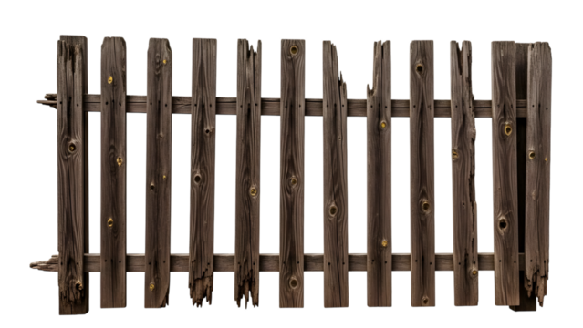 Weathered rustic wooden fence with knotty planks and visible nails isolated on a transparent background