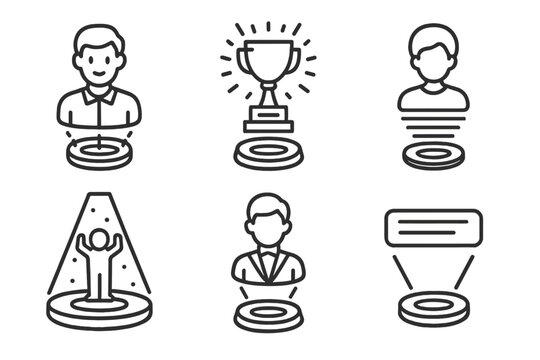 Holographic Awards Ceremony Icons. Line style icons of holographic award ceremonies: virtual host hologram, light trophy reveal,