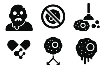 Cellular Senescence Icons. Solid style icons of cellular senescence removal: zombie cell icon, senescence cross badge, cell