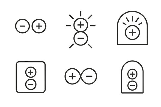 Ionic Vector Design. Line vector icons of an ionic suggestion in a niche: balanced charge circles, glowing ion pairs, radiant