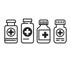 Obraz premium Four medical medicine bottles with cross symbol icons, representing healthcare, pharmacy, and treatment options in a simple line art design.