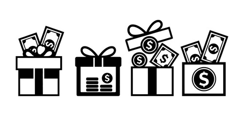 Collection of gift boxes overflowing with cash, coins, and banknotes, symbolizing financial rewards, bonuses, and unexpected monetary gifts.