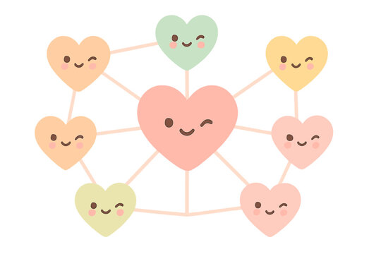 Heart Network Connection. A cute "customer connection" heart network with winking hearts, soft harmonious pastel palette, No text,