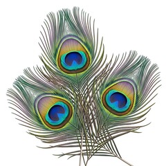 Obraz premium Three iridescent peacock feathers arranged in a fan shape