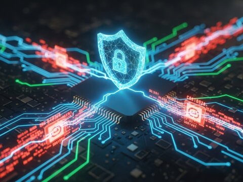 Digital security shield with padlock glowing over a computer chip and illuminated circuit board pathways