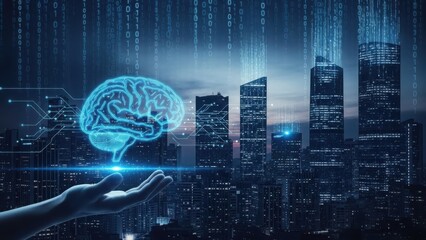 Abstract glowing brain and binary code over a modern cityscape at dusk, representing artificial intelligence and data processing