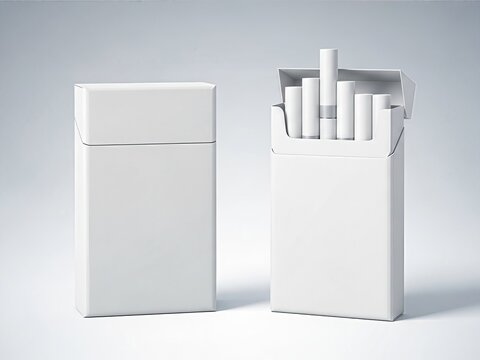 Two White Cigarette Packs, One Open Showing Contents.