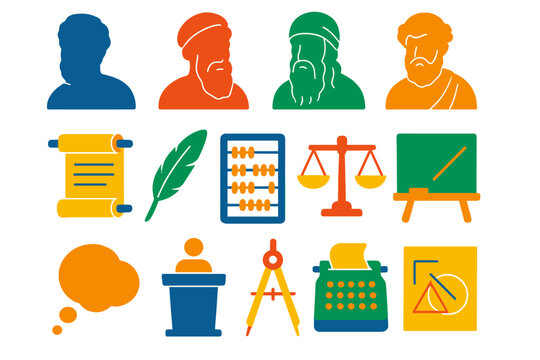 Historical Icons Set. Flat vector icons of historical mathematicians and philosophers: portrait silhouette, scroll, quill, abacus,