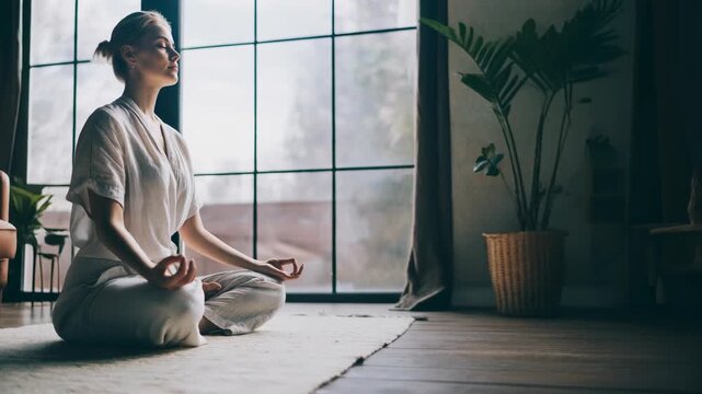 Serene woman meditating indoors, promoting relaxation and mindfulness in a cozy setting