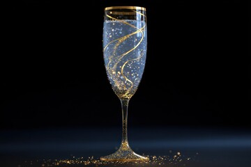 Close up of a champagne flute with gold accents and sparkling liquid inside