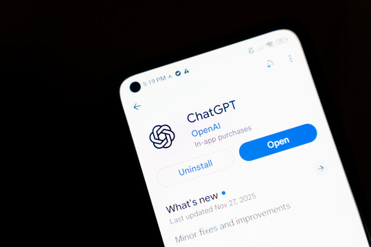 Warsaw, Poland - Dec 4, 2025: A mobile screen displaying the ChatGPT application by OpenAI, featuring an interface with options to open or uninstall the app, highlighting its recent updates.