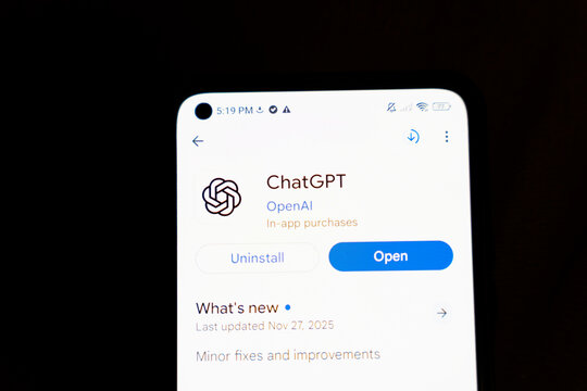 Warsaw, Poland - Dec 4, 2025: Close-up view of a smartphone screen displaying the ChatGPT app from OpenAI, highlighting features like uninstall and open options.