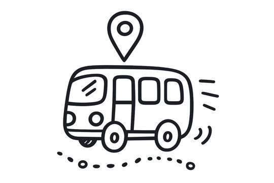 Doodle Bus Adventure. Charming doodle bus with a location arrow hovering overhead, little motion lines and route dots showing