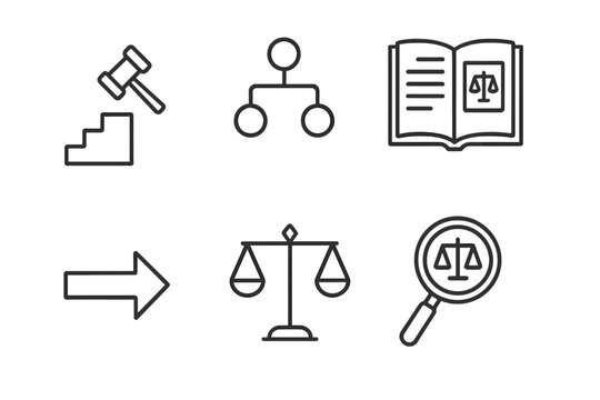 Legal Reasoning Icons. Line style icons of Legal Reasoning Methods: precedent staircase, logical argument tree, case analysis book