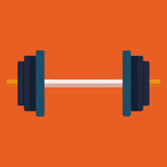 Flat design barbell with blue weights on orange background