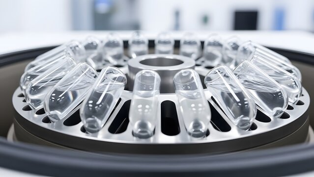 Close up of a laboratory centrifuge with clear vials containing liquid inside a sterile environment