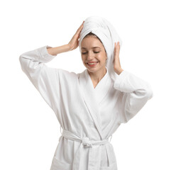 Beautiful woman wearing bathrobe with hair wrapped in towel on white background