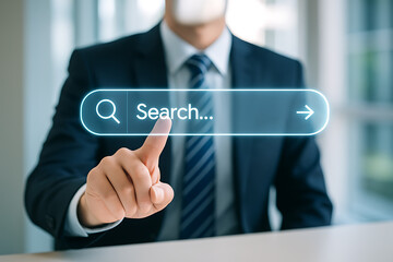Businessman interacting with futuristic search symbolizing modern internet browsing web discovery and information access through advanced digital technology