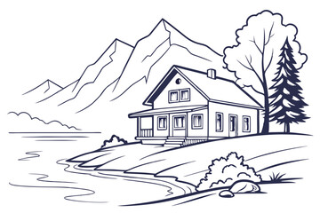 Peaceful Line Drawing of Lake House Near Mountain Landscape Scenic Vector Artwork