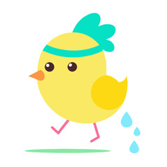 Cute cartoon chick exercising with sweat drops and headband