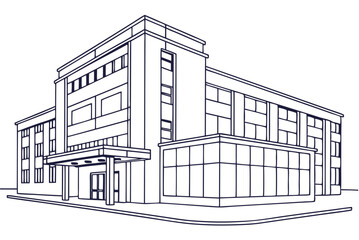 Detailed Line Drawing of Hospital Building Architectural Construction Minimalist Artwork