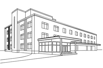 Fototapeta premium Minimalist Line Drawing of Hospital Building Clean Modern Medical Infrastructure Illustration