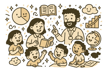 Whimsical Educational Workshop. Magical doodle community education workshop with smiling teachers, cartoon students interacting,