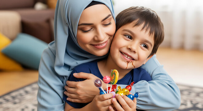 A touching image of a smiling Muslim mother wearing a hijab, warmly and affectionately embracing her happy young son with lots of sweets.