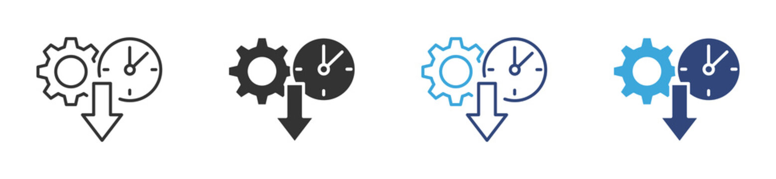 Productivity Reduction Icon Set, Workflow Efficiency Drop, Time Management Decline and Operational Performance Decrease concept icon, vector illustration.
