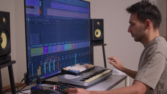 Music producer manipulates faders and displays in dimly lit home studio, Creative audio engineer calibrates channel strips and meters during detailed mixing session
