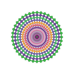 Psychedelic mandala with spiraling squares in bright green purple orange and pink hues abstract