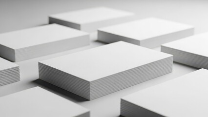 Blank white business cards stacked and arranged on a minimalist gray background, perfect for mockups and branding.