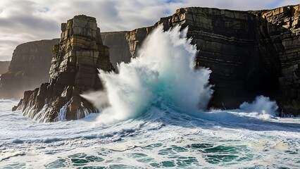 Obraz premium Colossal Aqua Wave Explodes Against Sunlit Stratified Coastal Cliffs.