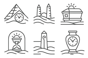 Obraz premium Desert Time Markers. Icons for: solar dune clocks of burial form, wind-shadowed obelisks tracking dusk, airy sarcophagi marking