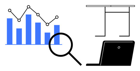 Data analysis, business tools, statistical research, productivity, workplace solutions, analytics visualization. Graph and magnifying glass alongside a laptop and desk. Data analysis and business