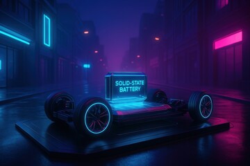 Revolutionary solid state battery technology showcased on futuristic vehicle platform illuminated by neon lights expressing advanced automotive innovation and sustainable energy solutions