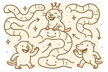 Playful Mole-Rat Dynamics. Playful doodle reproductive roles illustration with cheerful queen, cartoon worker and soldier