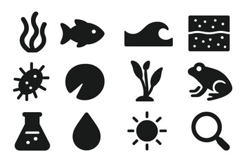 Aquatic Cycle Icons. Playful doodle traditional healer scene with happy characters holding herbs, smiling baskets of plants, and