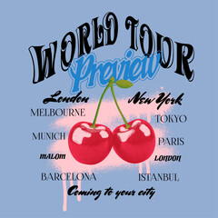 Vintage cherry t-shirt print artwork. many city name in this graphic. cherry print design for fashion graphics.